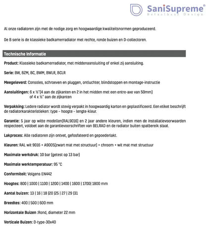 Badkamer Radiator PremiumLine Handdoekverwarming 1800 x 500 Mat Zwart