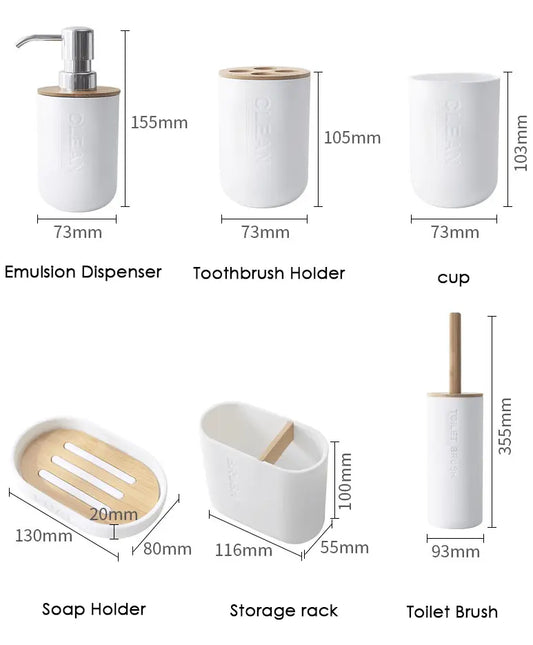 Badkamerset 6 Delig - Toiletaccessoires Set - Zeeppompje - Tandenborstelhouder - Zeepschaal - Beker - Toiletborstel - Wit