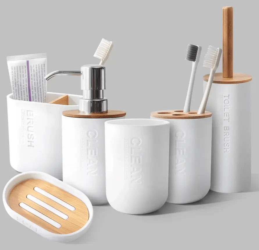 Badkamerset 6 Delig - Toiletaccessoires Set - Zeeppompje - Tandenborstelhouder - Zeepschaal - Beker - Toiletborstel - Wit