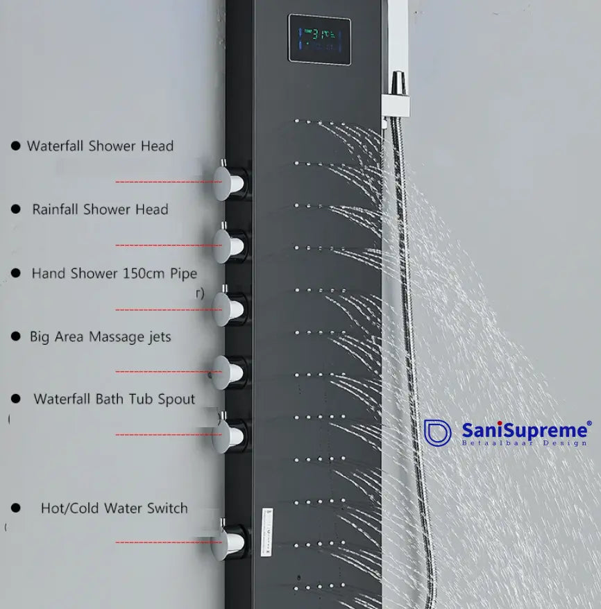 Douchepaneel Opbouwdouche SaniSupreme® Como LCD Premium Zilver Brushed