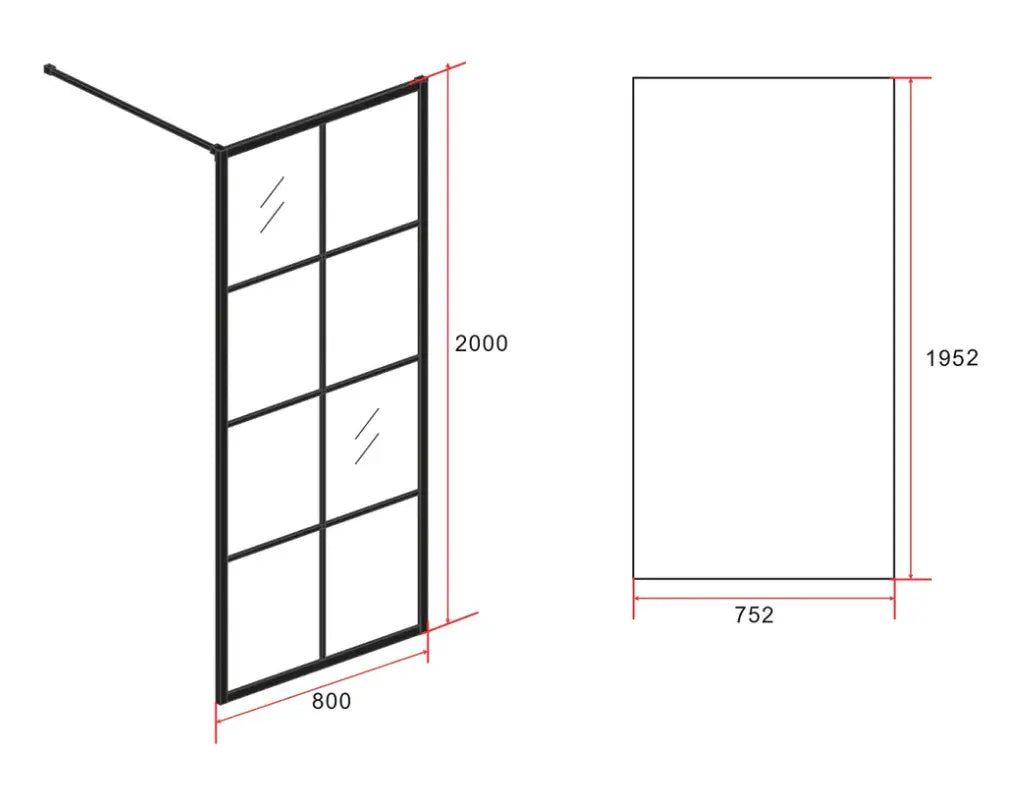 Douchewand Sanisupreme BlackLineSeries 80X200 CM Veiligheidsglas 8 MM Mat Zwart met Raster