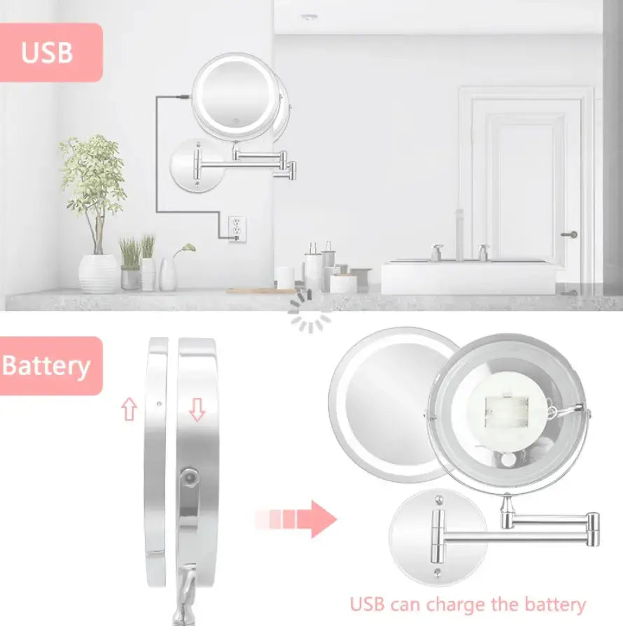 Make - up en Scheerspiegel SaniSupreme Bari Ø17cm LED Verlichting USB 3x Vergroting Chroom