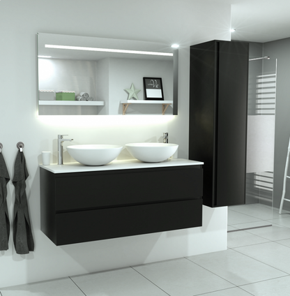 SaniSupreme® Aloni Meuble de salle de bain Sally 160 noir mat Solid Surface lavabo double blanc