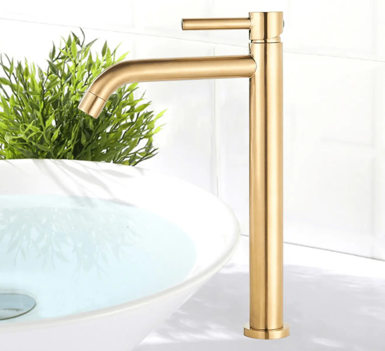 SaniSupreme Allicante wastafel kraan opbouw hoog model gebogen uitloop Goud Brushed