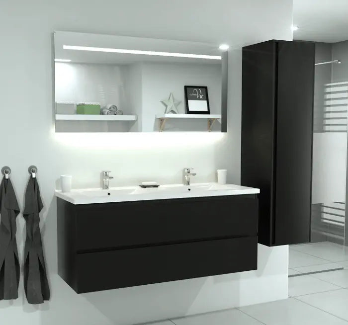 SaniSupreme® Aloni Badmeubel Sally 160 mat zwart Solid Surface dubbele wastafel wit