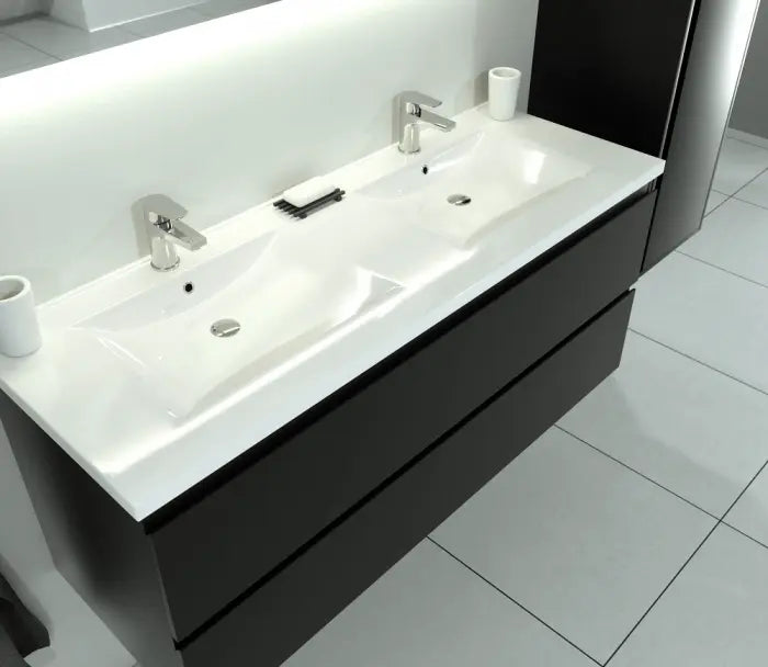 SaniSupreme® Aloni Badmeubel Sally 160 mat zwart Solid Surface dubbele wastafel wit