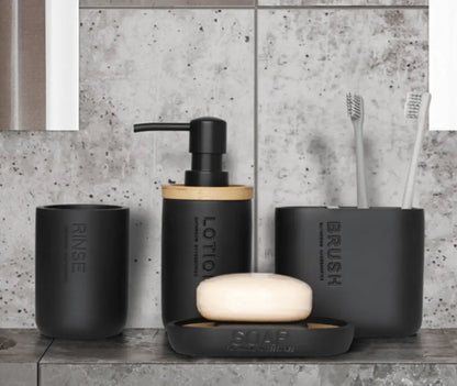 SaniSupreme Badkamer Toiletset - 4 Delig- Toiletaccessoires Set- Zeeppompje- Tandenborstelhouder - Zeepschaal- Beker- Zwart