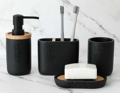 SaniSupreme Badkamer Toiletset - 4 Delig- Toiletaccessoires Set- Zeeppompje- Tandenborstelhouder - Zeepschaal- Beker- Zwart