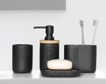 SaniSupreme Badkamer Toiletset - 4 Delig- Toiletaccessoires Set- Zeeppompje- Tandenborstelhouder - Zeepschaal- Beker- Zwart