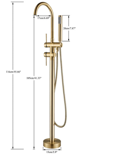 SaniSupreme Badkraan Ancona vrijstaand model met handdouche geborsteld goud