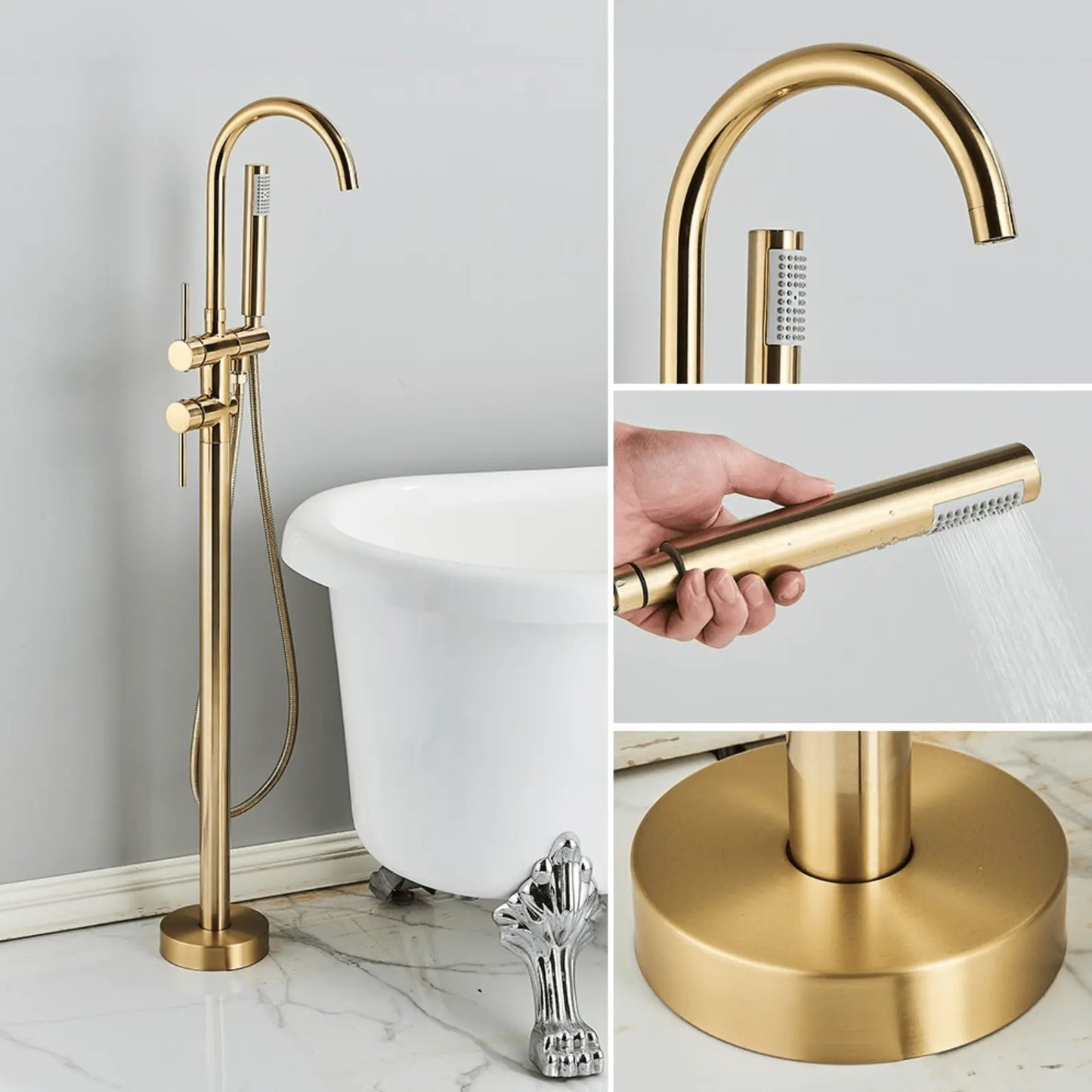 SaniSupreme Badkraan Ancona vrijstaand model met handdouche geborsteld goud