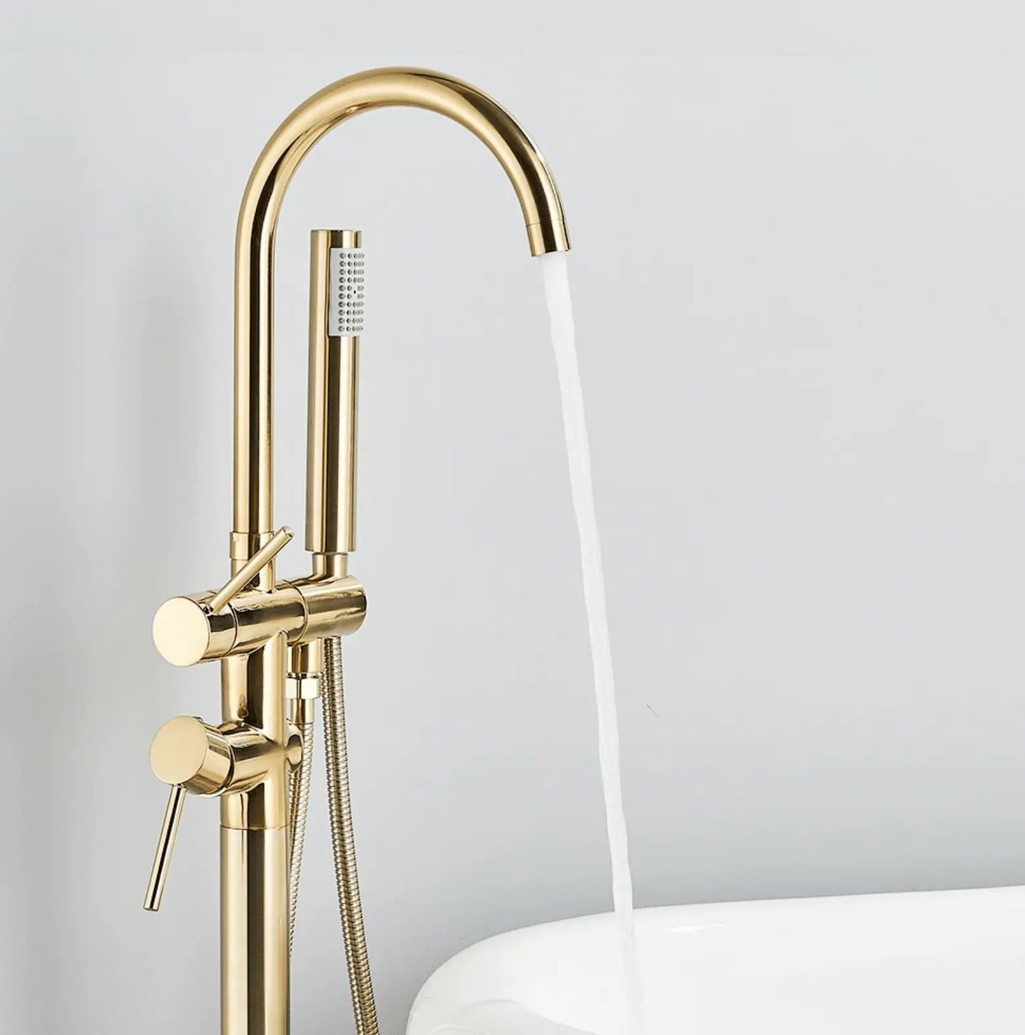 SaniSupreme Badkraan Ancona vrijstaand model met handdouche geborsteld goud