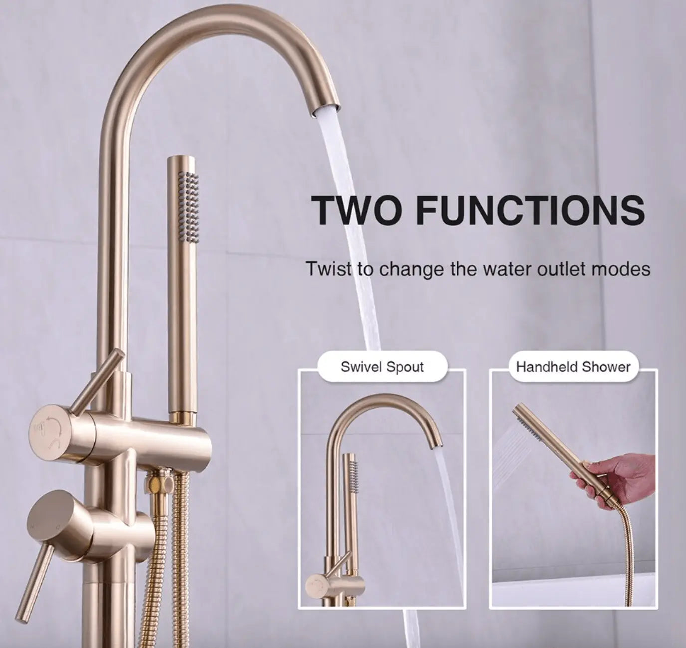 SaniSupreme Badkraan Ancona vrijstaand model met handdouche geborsteld goud