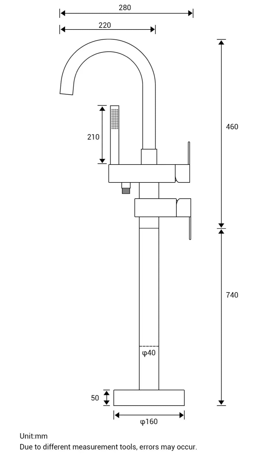 SaniSupreme Badkraan Ancona vrijstaand model met handdouche geborsteld koper