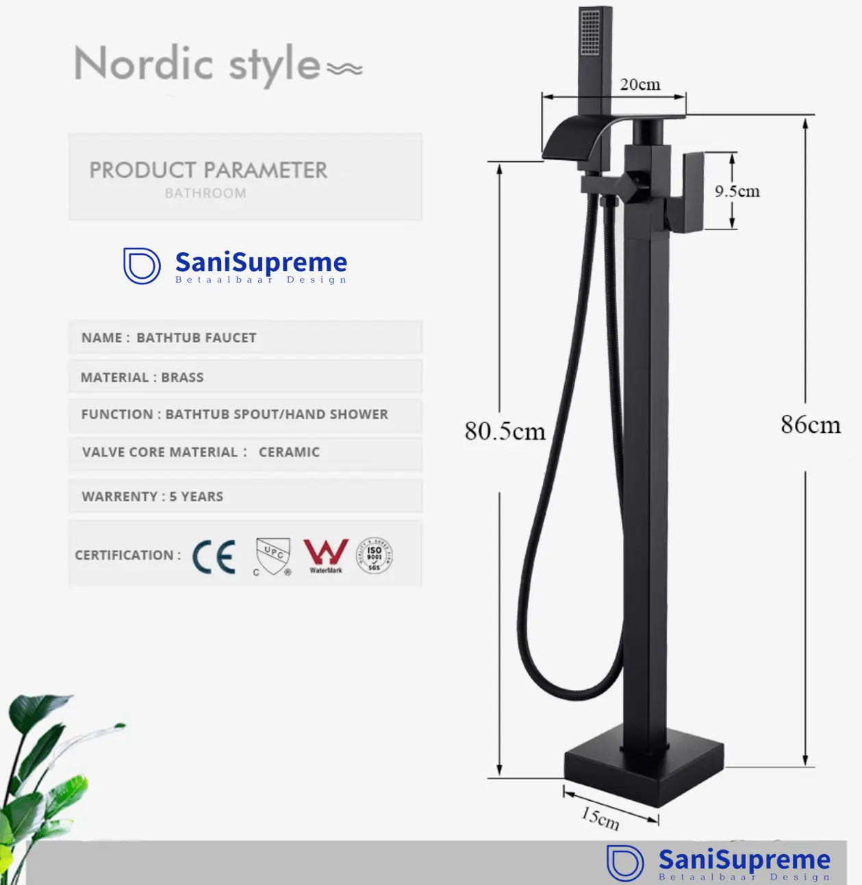 SaniSupreme® Badkraan Luca vrijstaand model met handdouche mat zwart