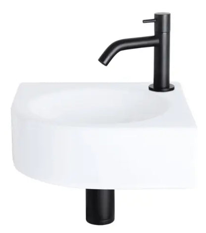 SaniSupreme Cleo Fonteinset 30x30x10cm 1 kraangat gebogen mat zwarte kraan met sifon en afvoerplug Keramiek Wit