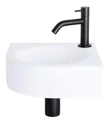 SaniSupreme Cleo Fonteinset 30x30x10cm 1 kraangat gebogen mat zwarte kraan met sifon en afvoerplug Keramiek Wit