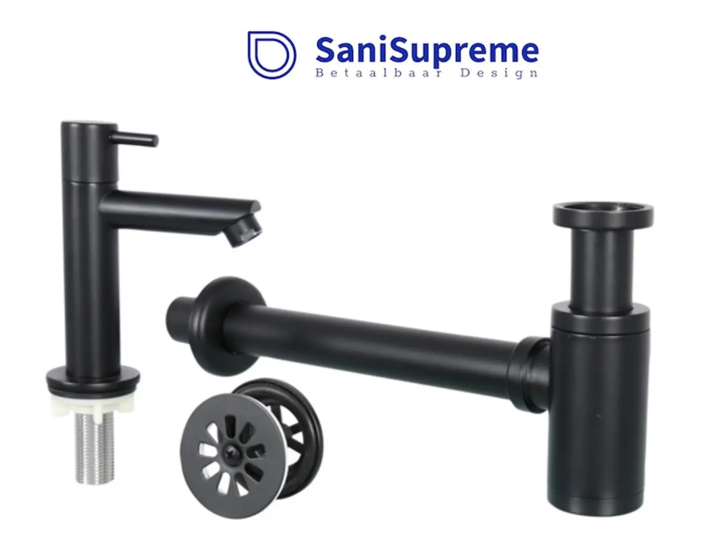 SaniSupreme Complete Fonteinset set | keramiek wastafel wit | toiletkraan zwart | sifon zwart
