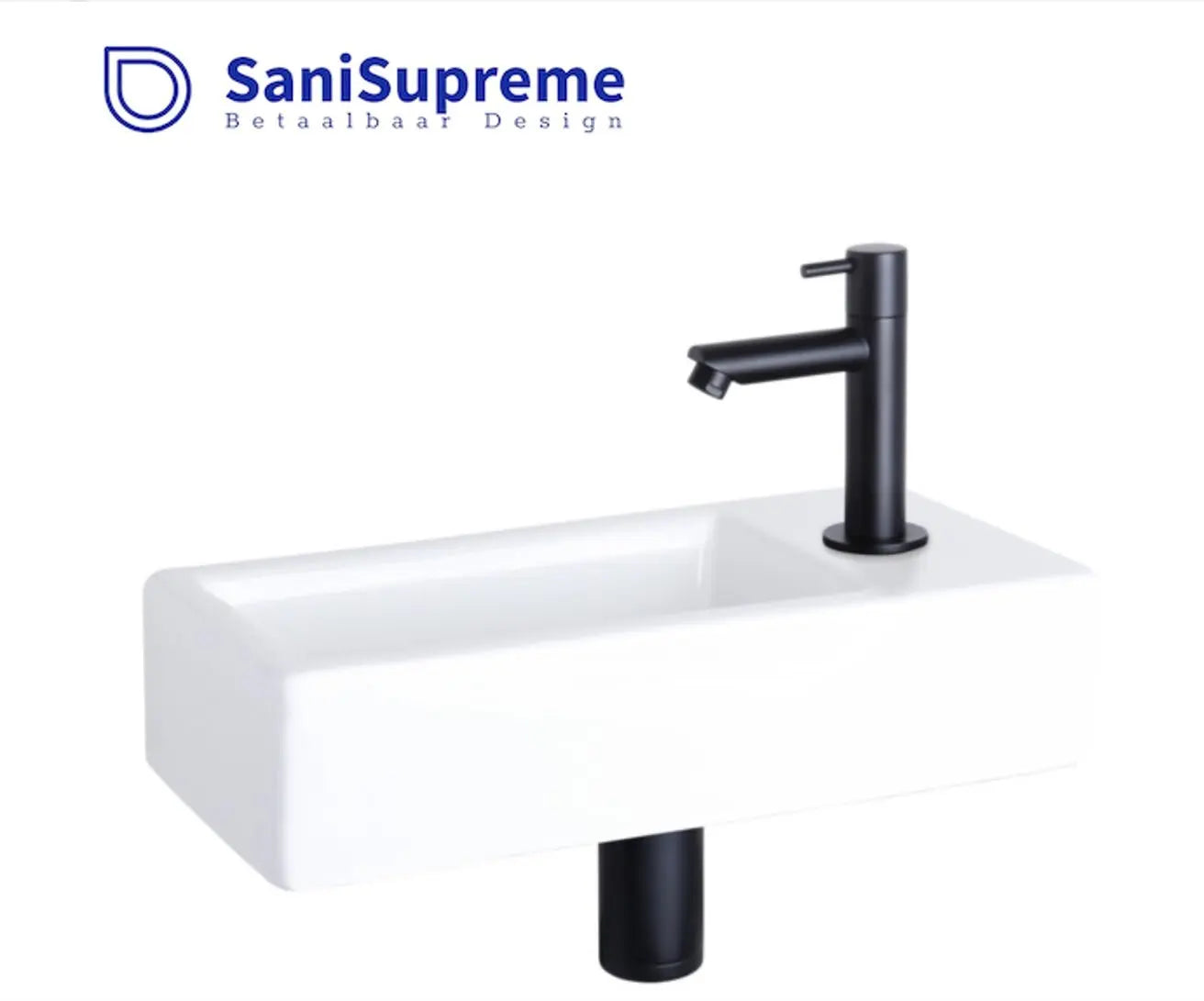 SaniSupreme Complete Fonteinset set | keramiek wastafel wit | toiletkraan zwart | sifon zwart