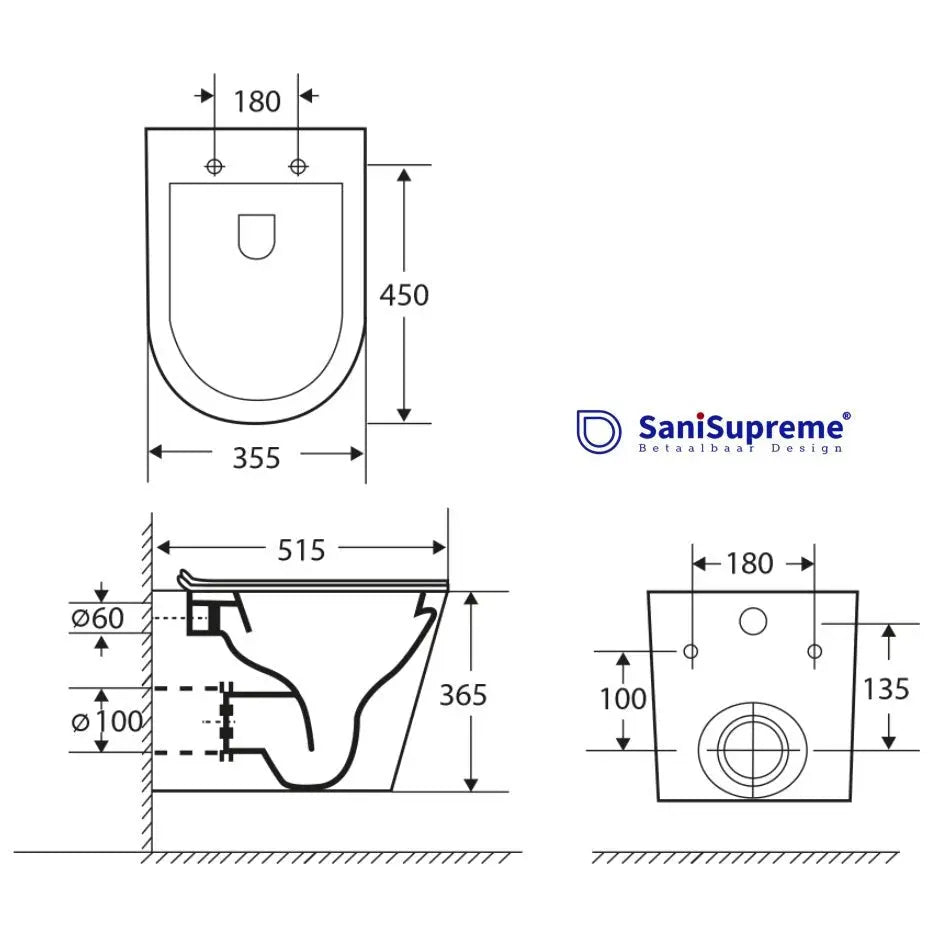 SaniSupreme Differnz wandcloset Spoelrandloos 51.5 x 35.5cm incl. softclose zitting mat zwart