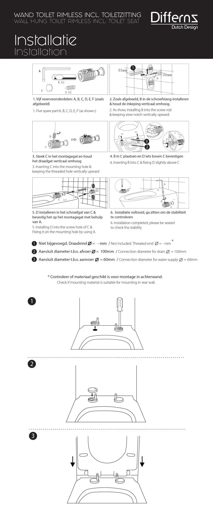 SaniSupreme Differnz wandcloset Spoelrandloos 51.5 x 35.5cm incl. softclose zitting wit glans