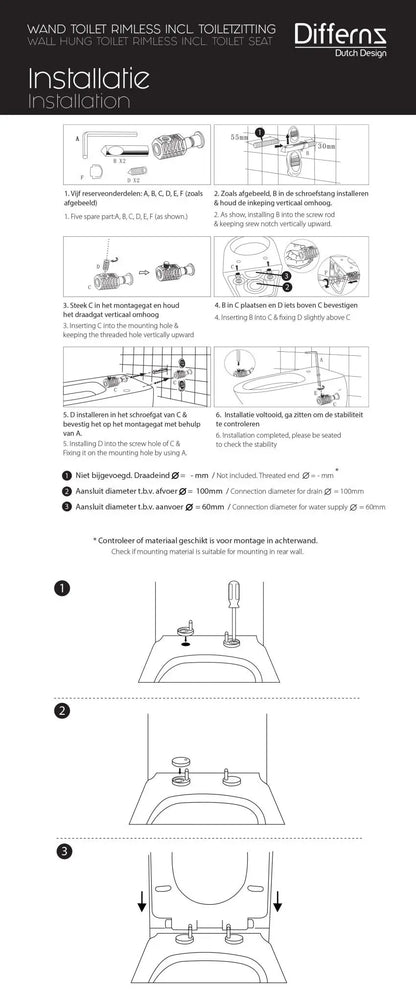 SaniSupreme Differnz wandcloset Spoelrandloos 51.5 x 35.5cm incl. softclose zitting wit glans
