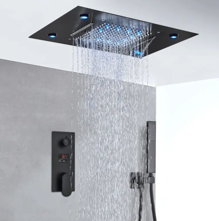 SaniSupreme Digitale Doucheset Manhattan Premium 3- weg LCD regendouche met LED Plafond Inbouwdouche 50 x 35 cm. Mat Zwart