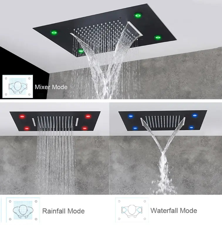 SaniSupreme Digitale Doucheset Manhattan Premium 3- weg LCD regendouche met LED Plafond Inbouwdouche 50 x 35 cm. Mat Zwart