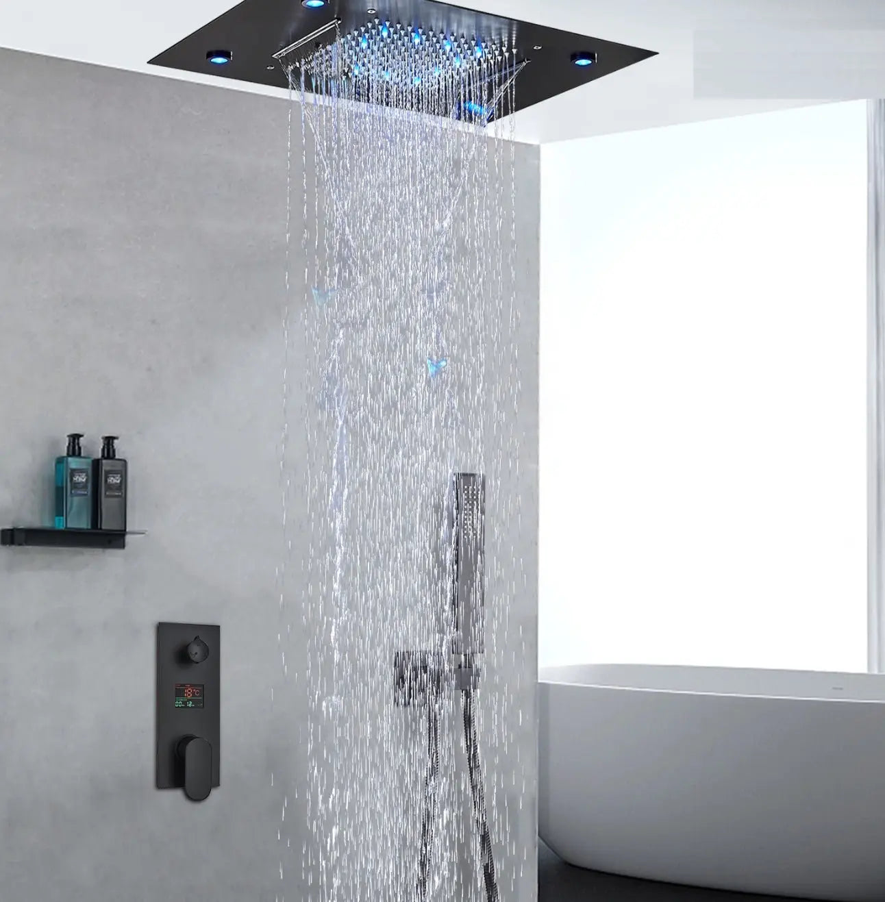 SaniSupreme Digitale Doucheset Manhattan Premium 3- weg LCD regendouche met LED Plafond Inbouwdouche 50 x 35 cm. Mat Zwart