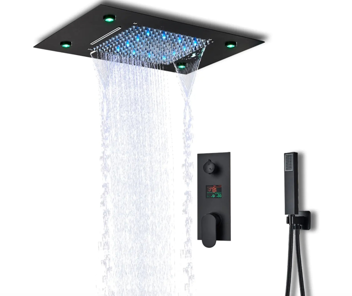 SaniSupreme Digitale Doucheset Manhattan Premium 3- weg LCD regendouche met LED Plafond Inbouwdouche 50 x 35 cm. Mat Zwart