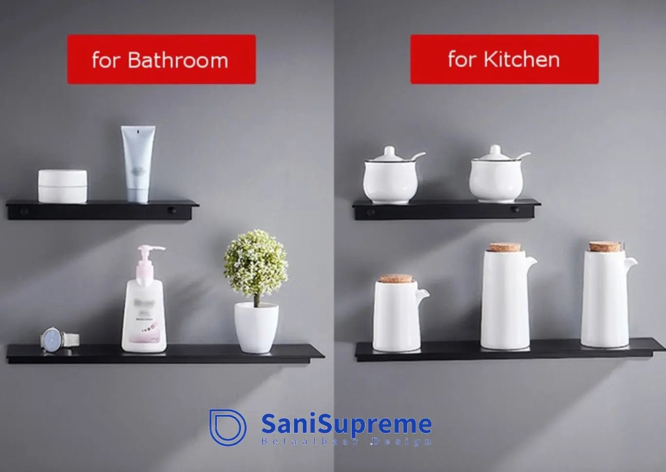 Sanisupreme Doucheplank Wandplank mat zwart 30 cm. RVS