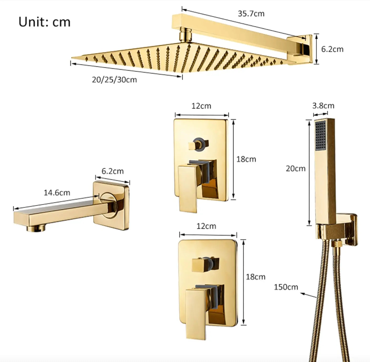 SaniSupreme Doucheset Costa Rica 8 inch regendouche vierkant 2 - weg goud glans inbouw