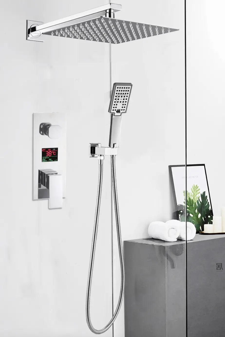 SaniSupreme Doucheset Manhattan Premium de Luxe LCD 10 inch regendouche vierkant 2 - weg chroom inbouw