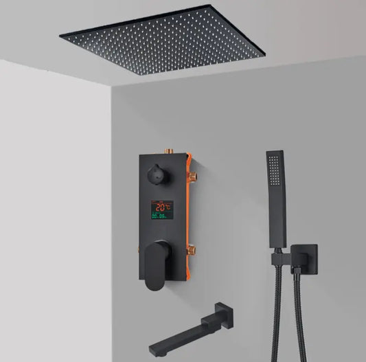 SaniSupreme Doucheset Manhattan Premium de Luxe LCD 50 cm plafond regendouche vierkant 3 - weg zwart inbouw