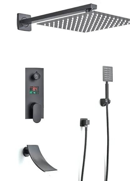 SaniSupreme Doucheset Manhattan Premium de Luxe Waterfall LCD 10 inch regendouche vierkant 3 - weg zwart inbouw