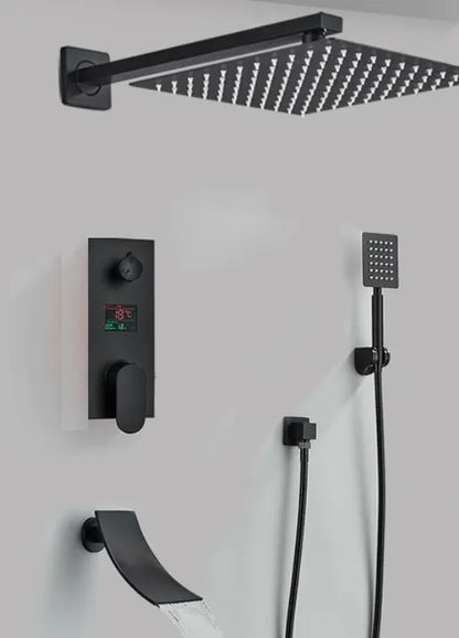 SaniSupreme Doucheset Manhattan Premium de Luxe Waterfall LCD 12 inch regendouche vierkant 3 - weg zwart inbouw