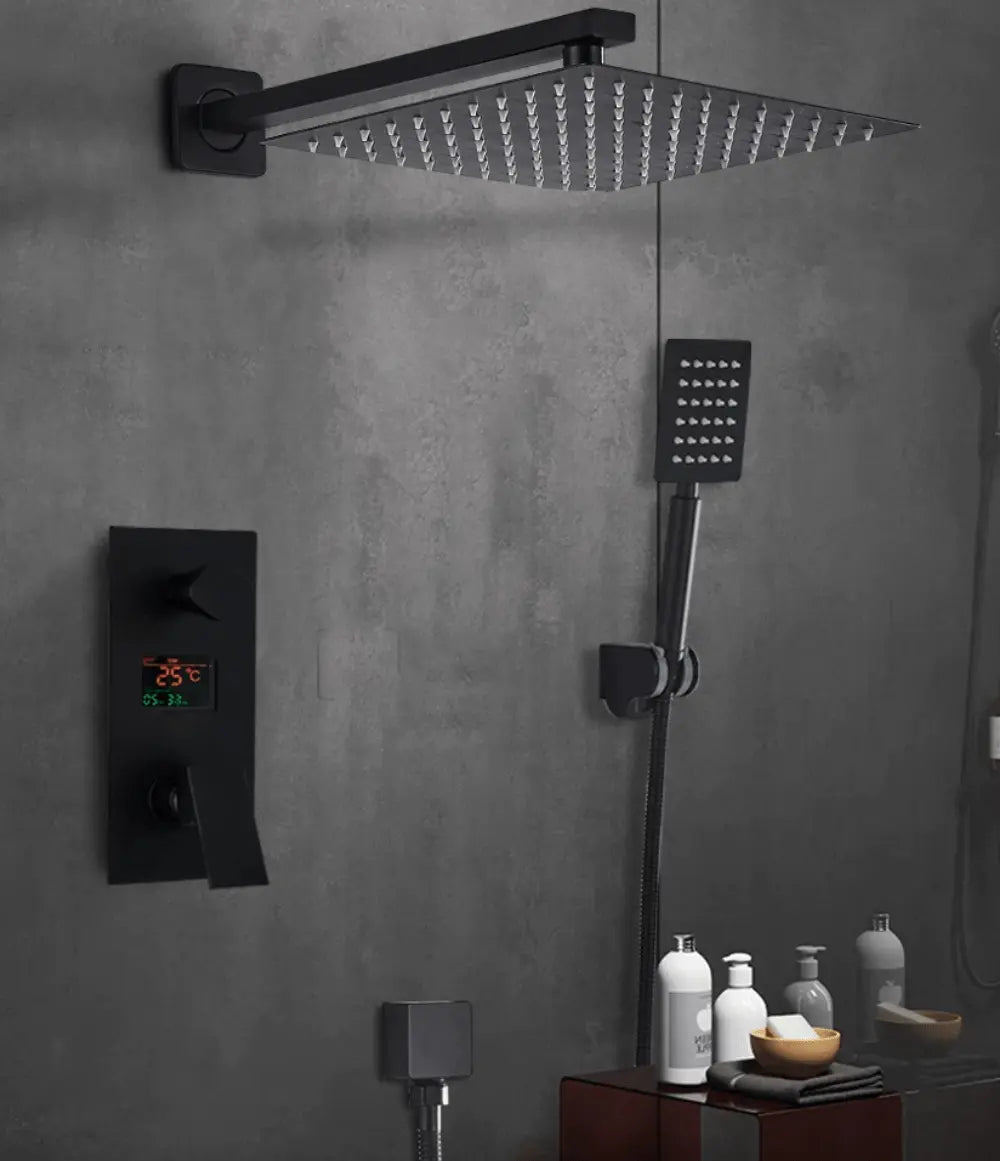 SaniSupreme Doucheset Manhattan Premium de Luxe Waterfall LCD 12 inch regendouche vierkant 3 - weg zwart inbouw