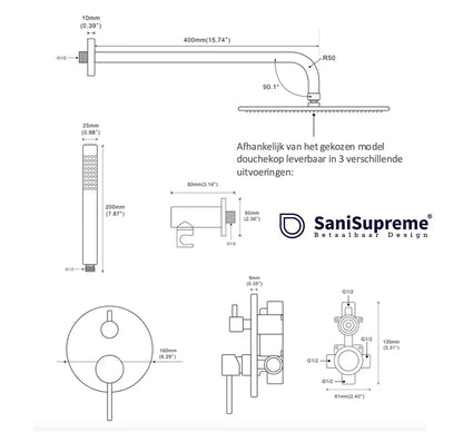 SaniSupreme Doucheset Yosemite 20 cm. regendouche rond 2 - weg zwart inbouw