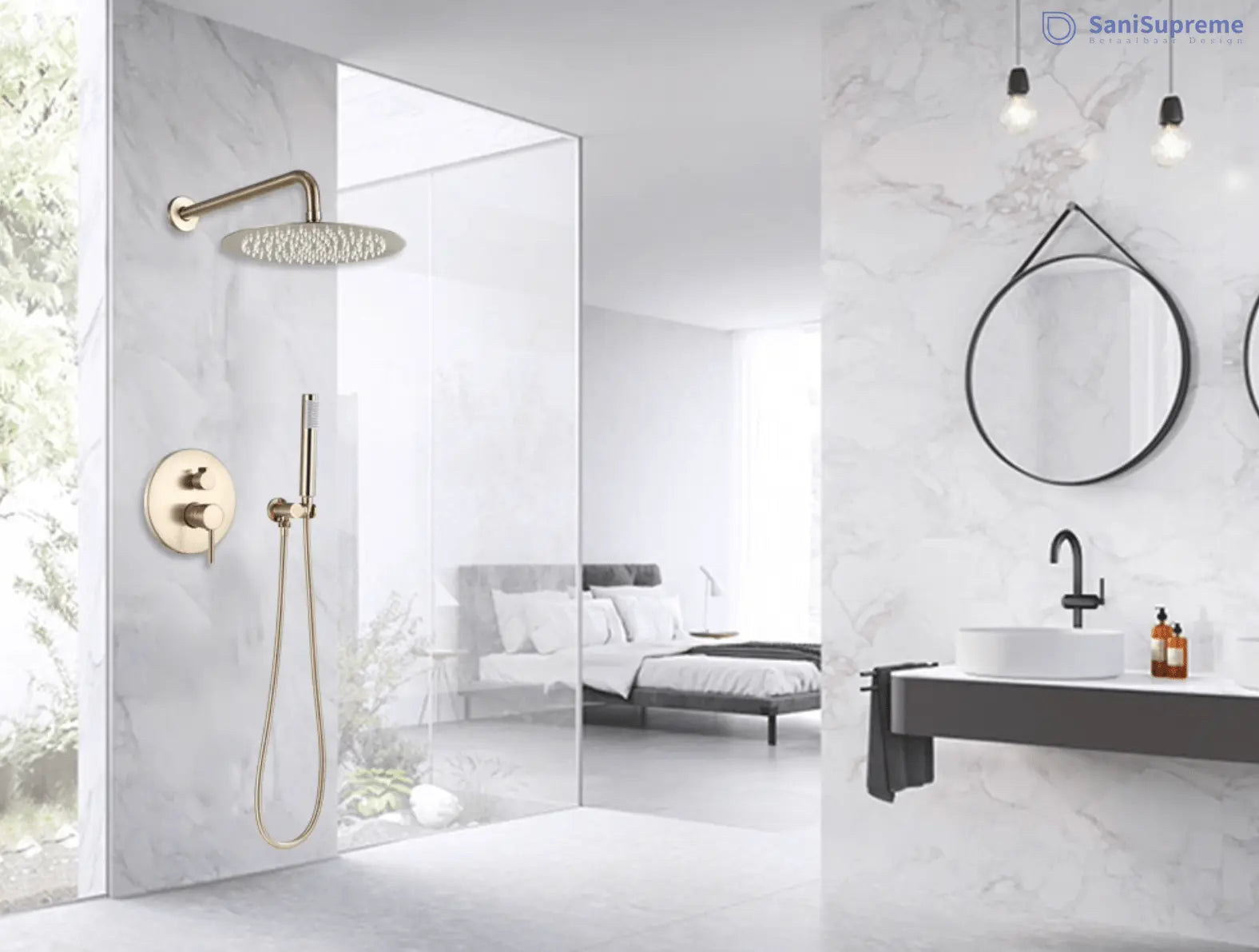 SaniSupreme® Doucheset Yosemite 25 cm. regendouche rond 2 - weg goud brushed