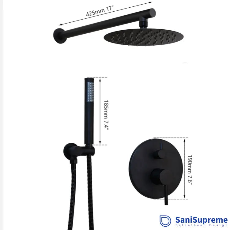 SaniSupreme Doucheset Yosemite 8 inch / 20cm regendouche rond 2 - weg zwart inbouw