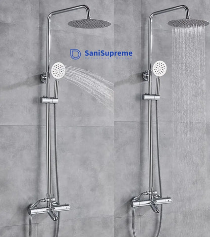 SaniSupreme Florida opbouw bad doucheset 20 cm. 3 - weg regendouche met baduitloop rond chroom