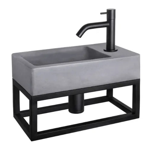 SaniSupreme Force Fonteinset 40x22x8cm 1 kraangat gebogen mat zwarte kraan met sifon en afvoerplug Beton Donker grijs