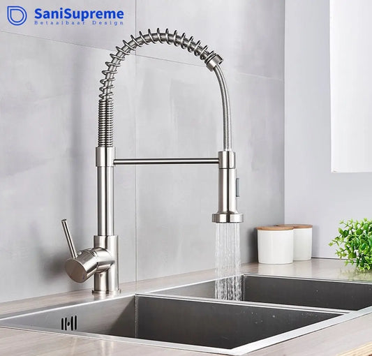 SaniSupreme Keukenkraan Pull - down Bologna gebogen met veer Nikkel Brush (RVS)