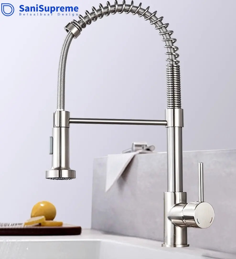 SaniSupreme Keukenkraan Pull - down Bologna gebogen met veer Nikkel Brush (RVS)