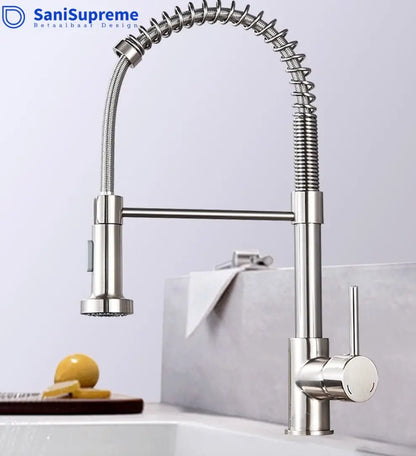 SaniSupreme Keukenkraan Pull - down Bologna gebogen met veer Nikkel Brush (RVS)