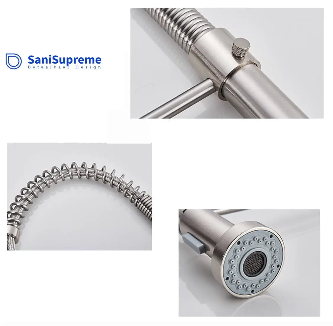 SaniSupreme Keukenkraan Pull - down Bologna gebogen met veer Nikkel Brush (RVS)