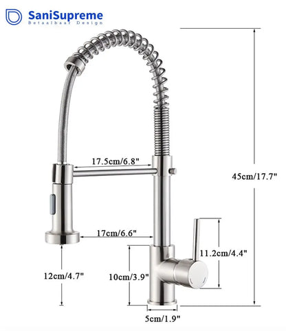 SaniSupreme Keukenkraan Pull - down Bologna gebogen met veer Nikkel Brush (RVS)
