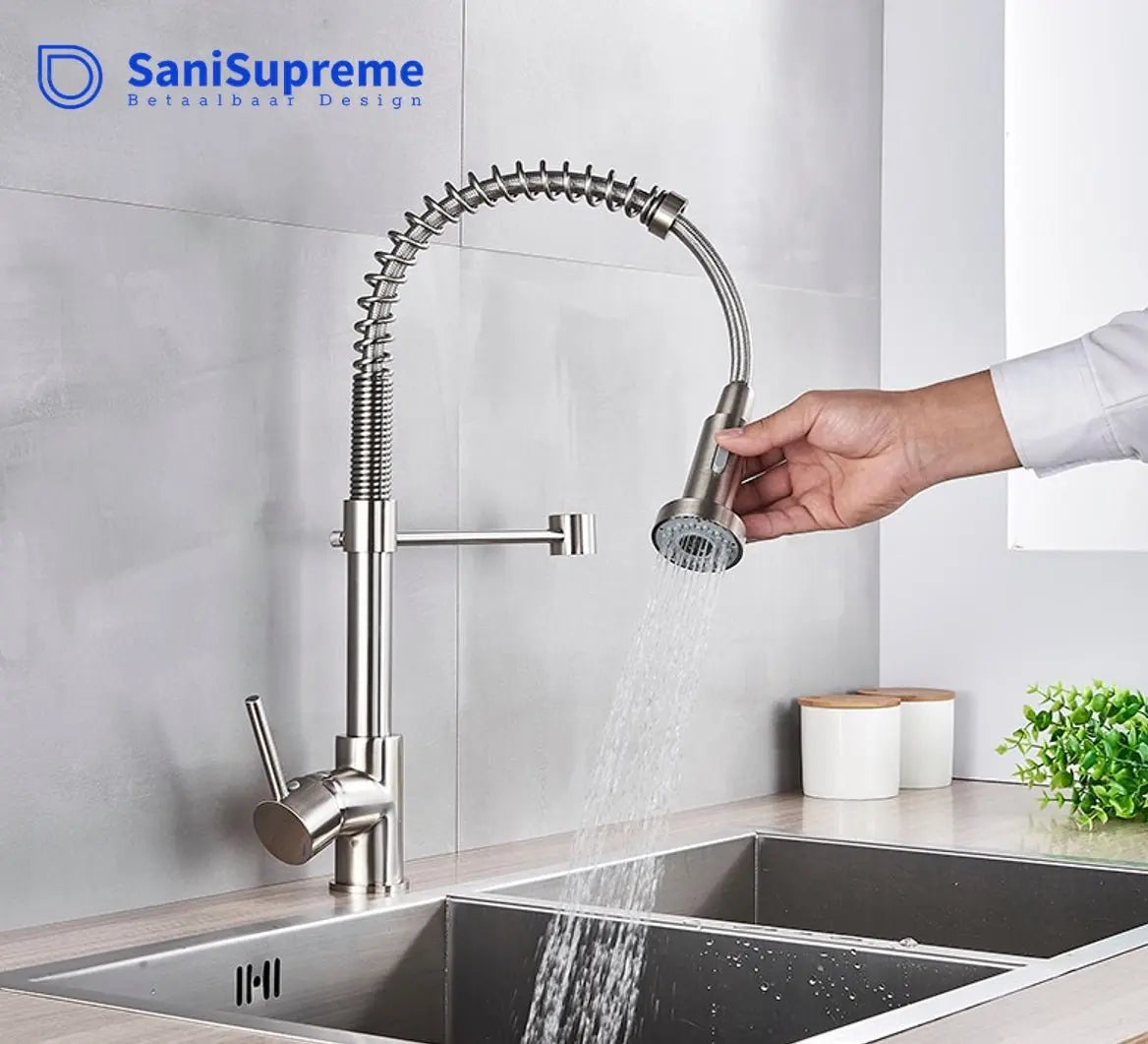 SaniSupreme Keukenkraan Pull - down Bologna gebogen met veer Nikkel Brush (RVS)