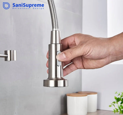 SaniSupreme Keukenkraan Pull - down Bologna gebogen met veer Nikkel Brush (RVS)