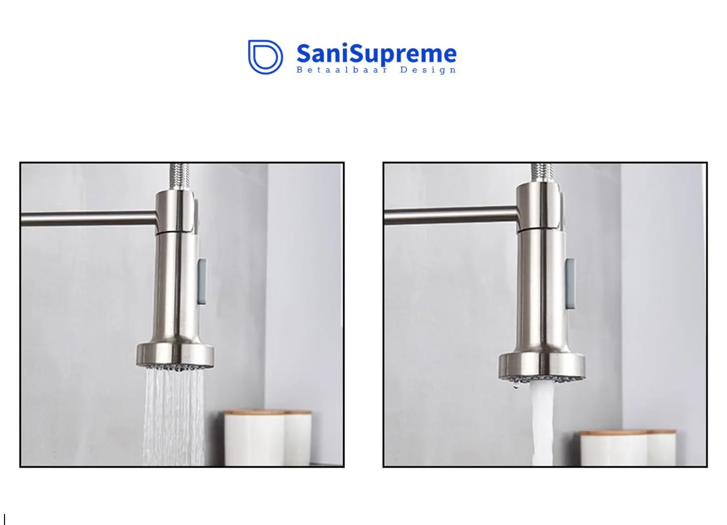 SaniSupreme Keukenkraan Pull - down Bologna gebogen met veer Nikkel Brush (RVS)